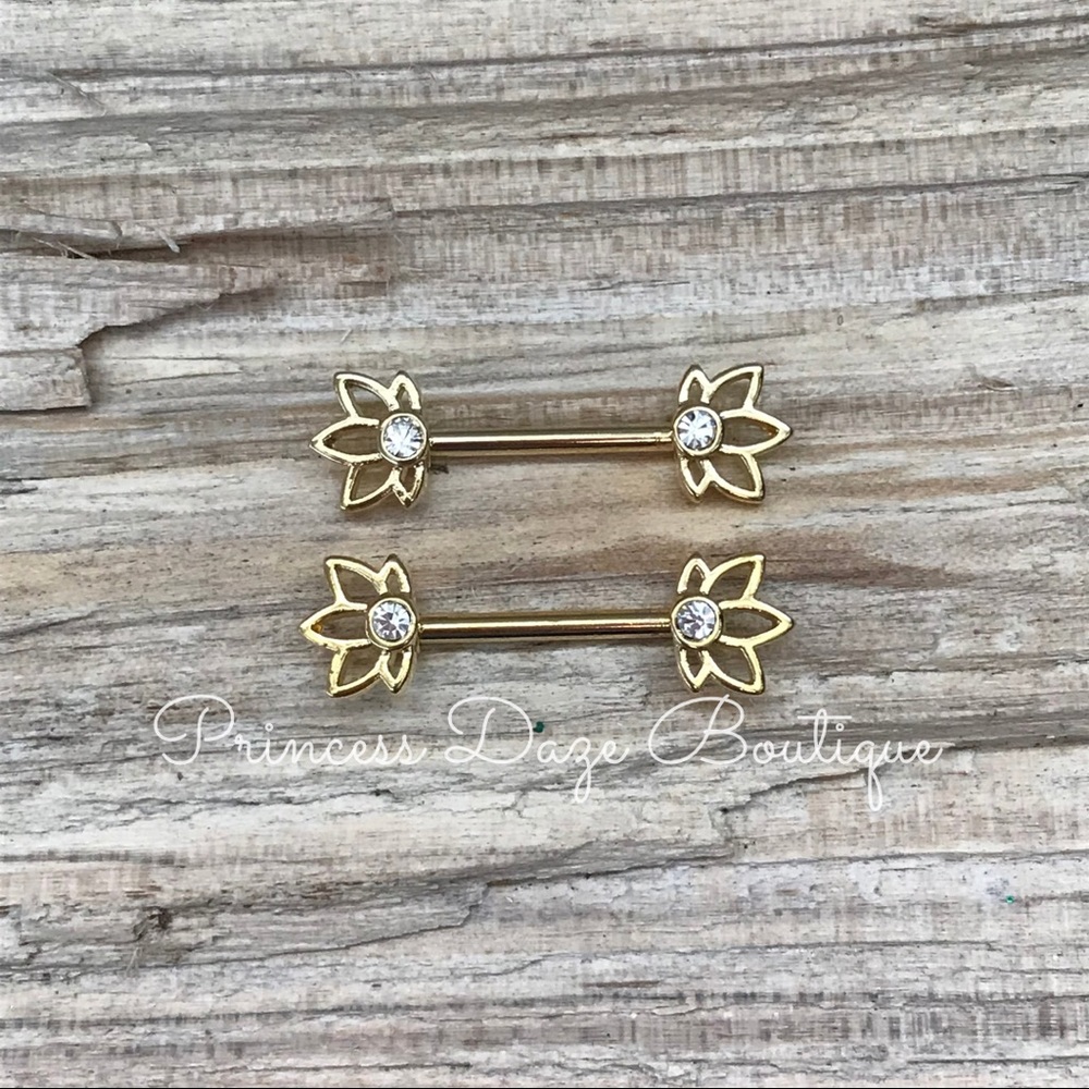 Gold Diamond Lotus Flower Nipple Ring Set